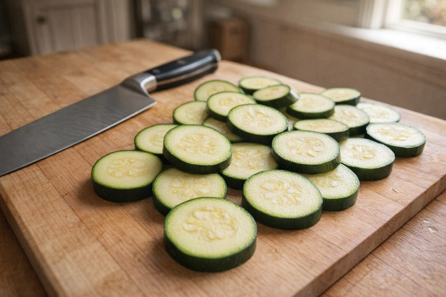 An overhead shot of sliced zucchini rounds on a wooden cutting board next to a sharp chef's knife, bright natural lighting
